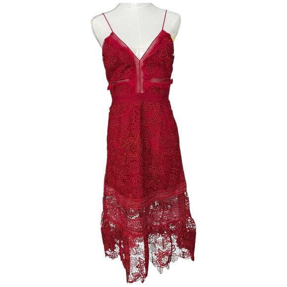 SELF PORTRAIT Floral Blush Lace Guipure Midi Dress in Raspberry Red Size 6 - Picture 2 of 14